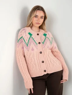 Cardigan malha rosa padrão geométrico