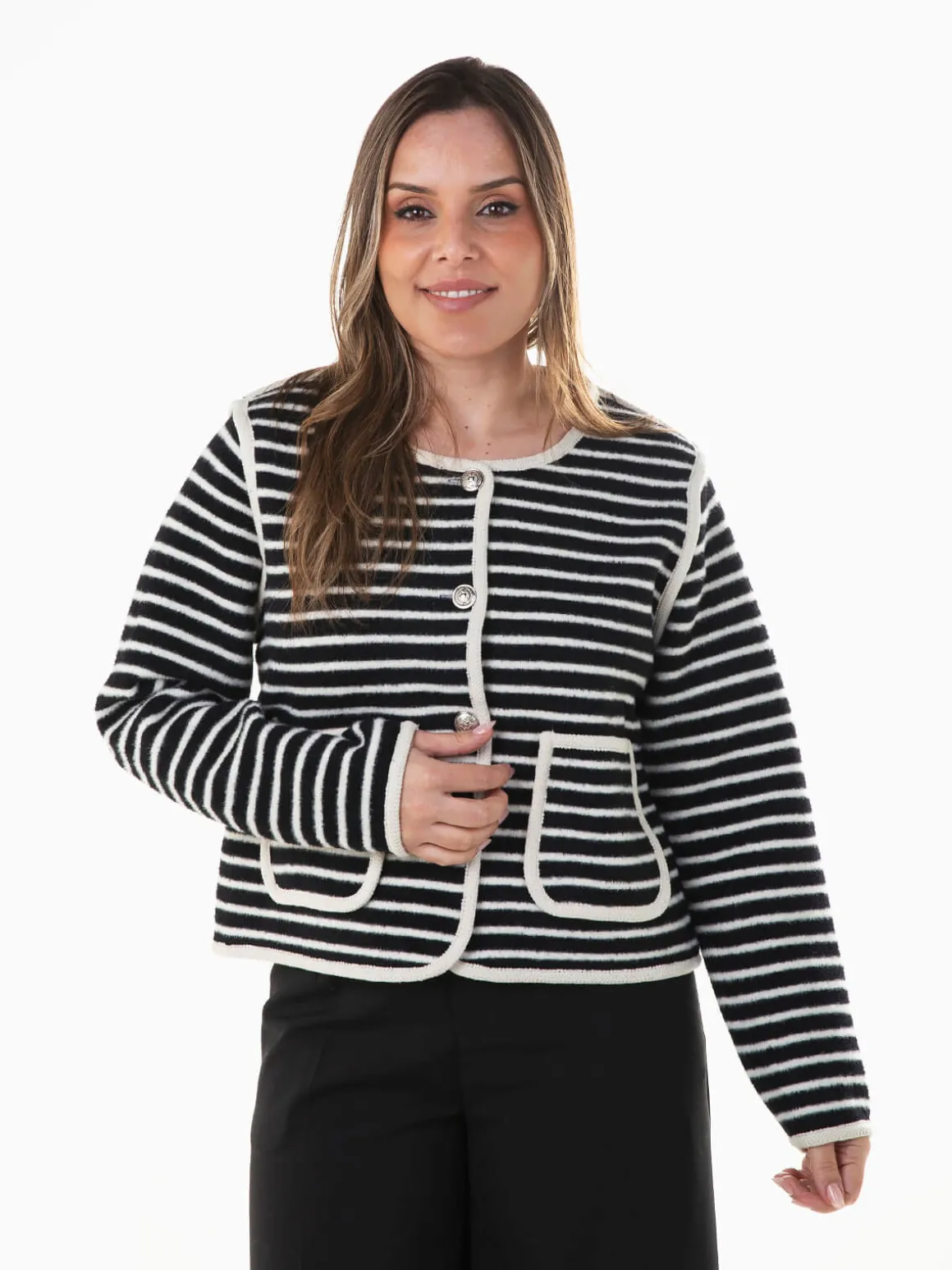 Cardigan às riscas com bolsos