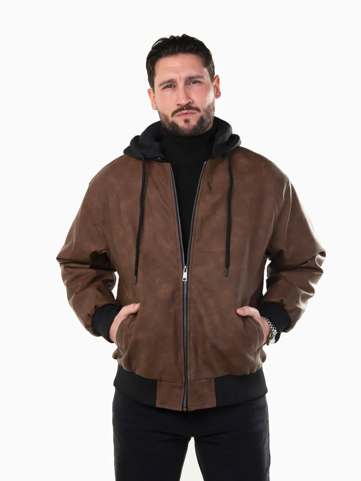 Casaco bomber efeito pele com capuz