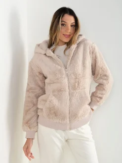 Casaco efeito pelo com capuz