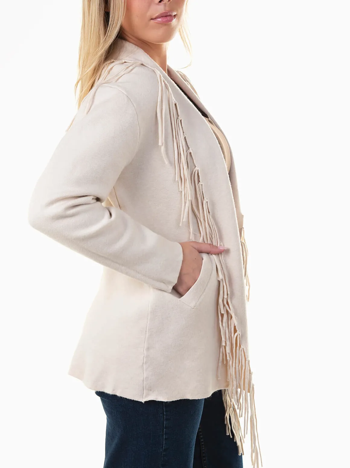 Casaco malha aberto com franjas