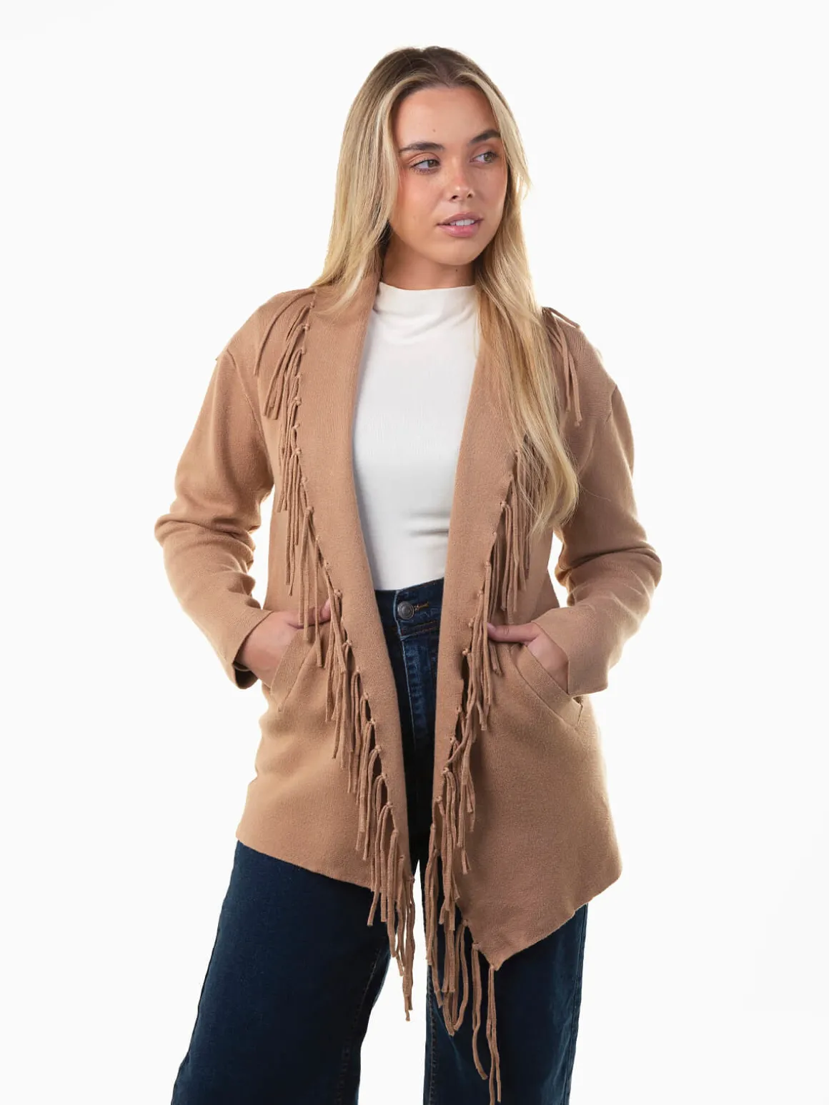 Casaco malha aberto com franjas