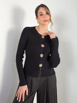 Casaco malha canelada com botões jóia