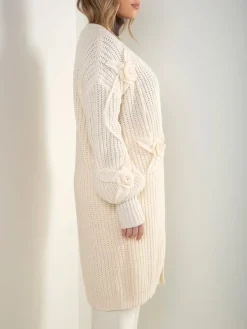 Casaco malha comprido aberto com flores