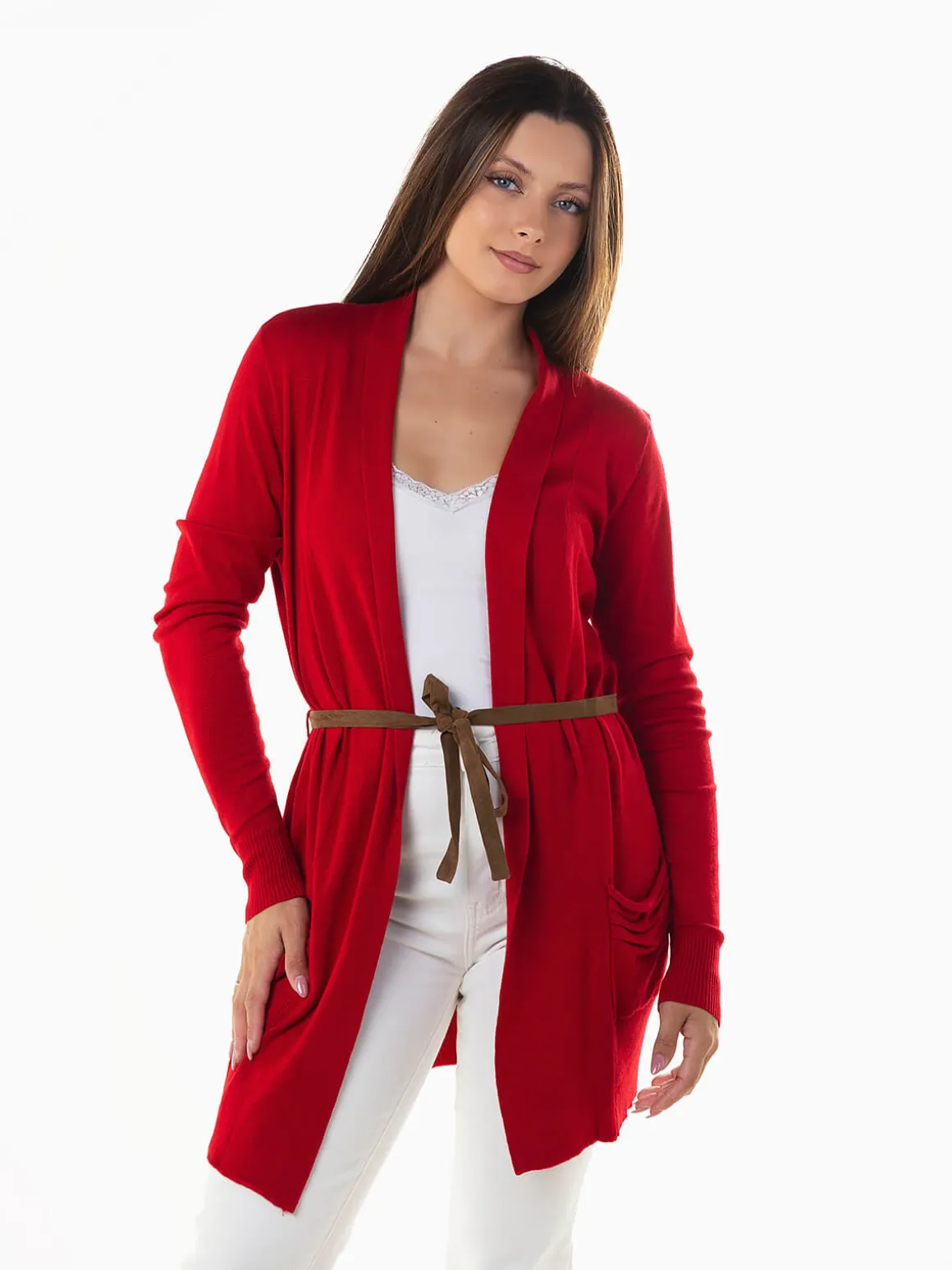 Casaco malha comprido com cinto