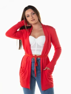 Casaco malha comprido com cinto