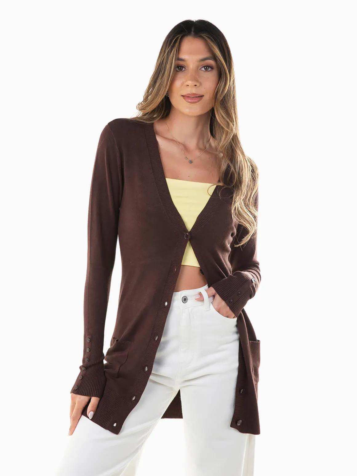 Casaco malha comprido com bolsos