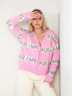 Casaco malha rosa com padrão contraste