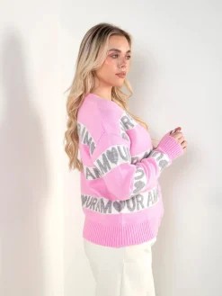 Casaco malha rosa com padrão contraste