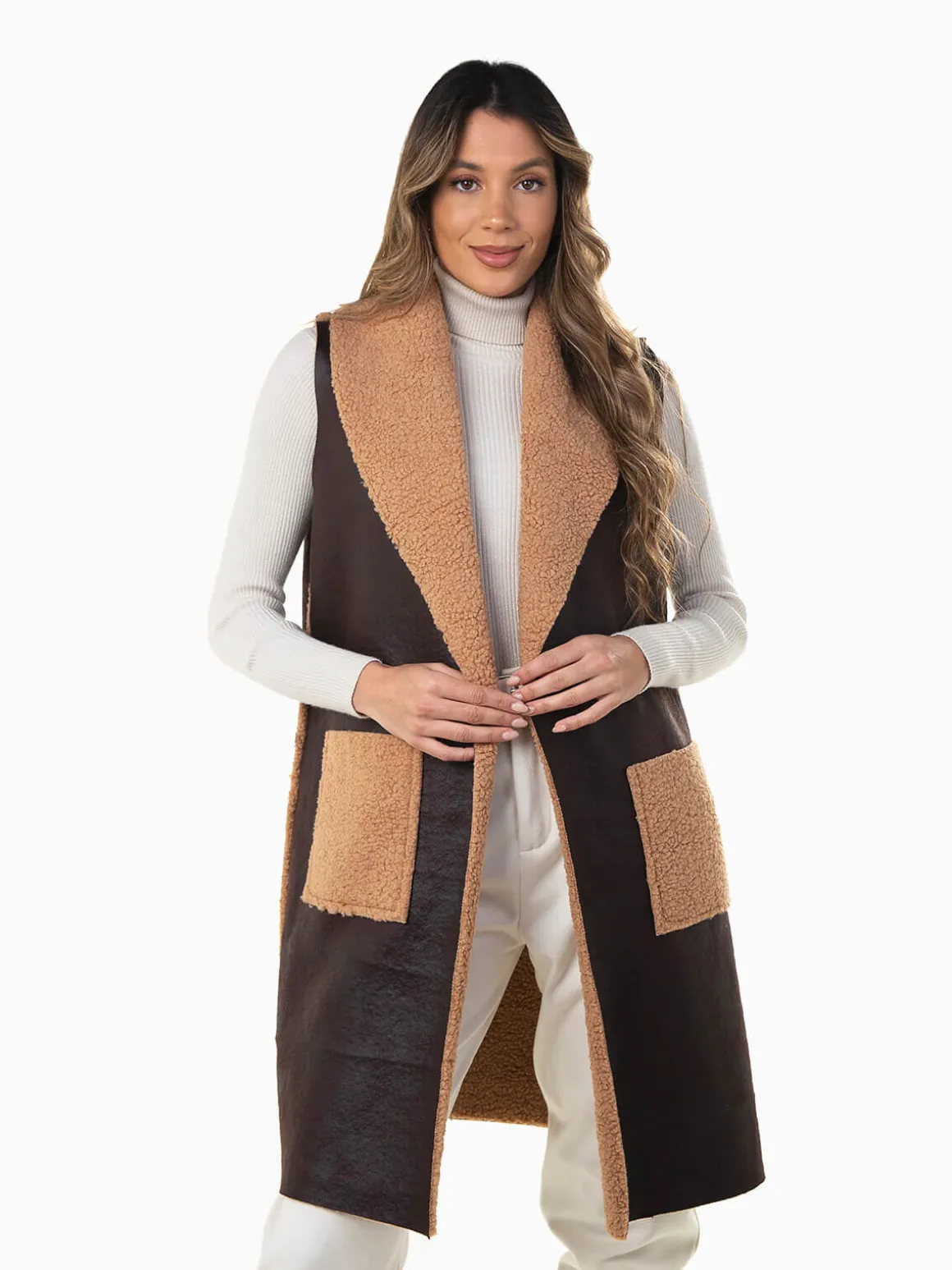 Colete comprido com forro efeito borrego