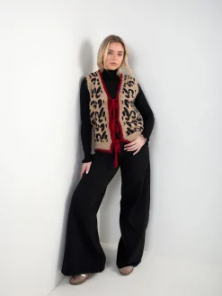 Colete de malha bege com animal print