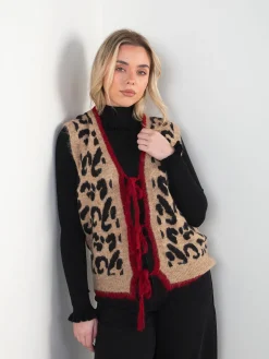 Colete de malha bege com animal print