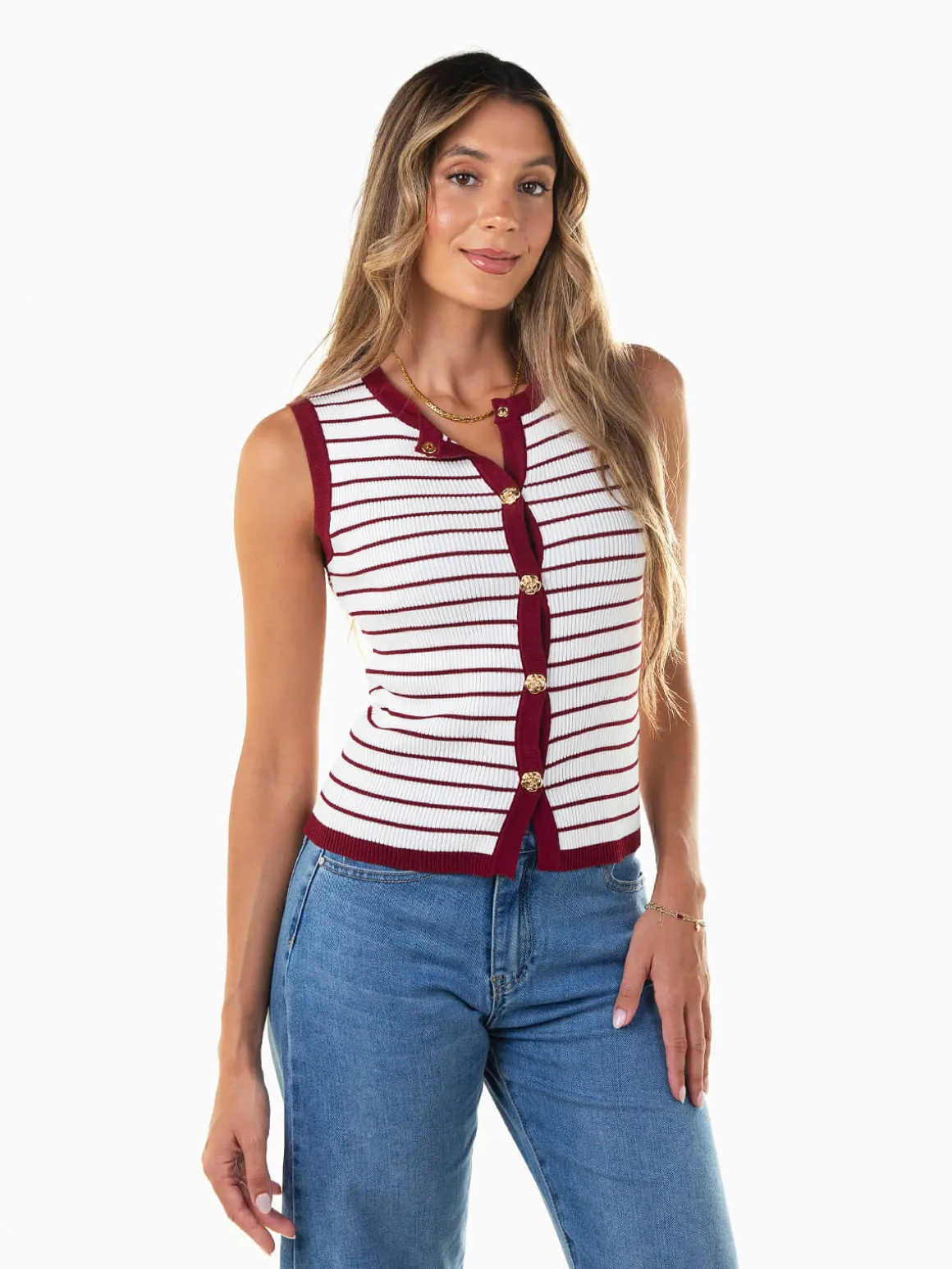 Colete malha riscas decote redondo