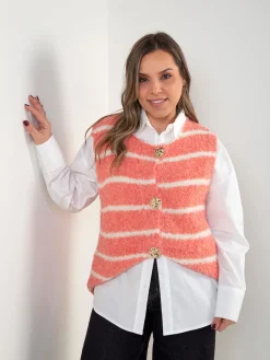 Colete malha às riscas com botões dourados