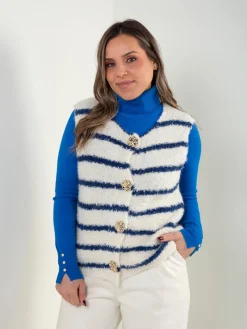 Colete malha às riscas com botões dourados