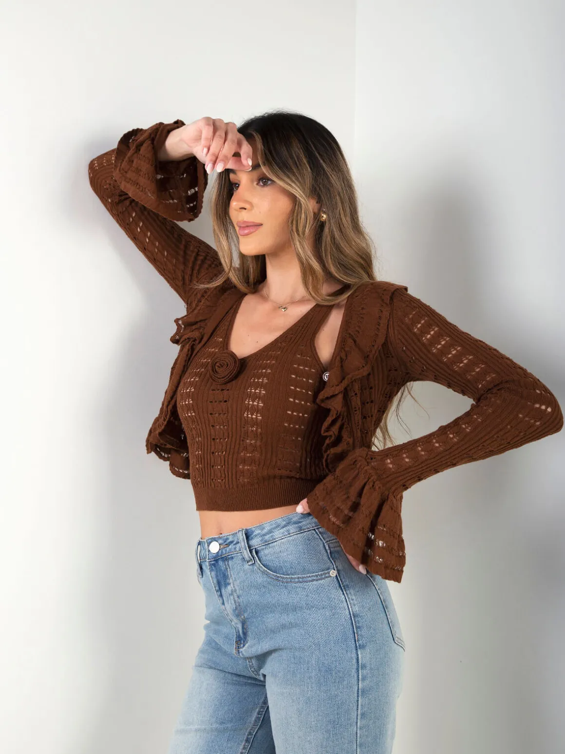 Conjunto malha casaco e top