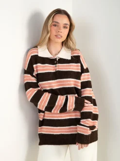 Polo malha às riscas castanho e rosa