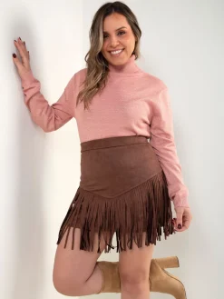 Saia curta castanha efeito camurça com franjas