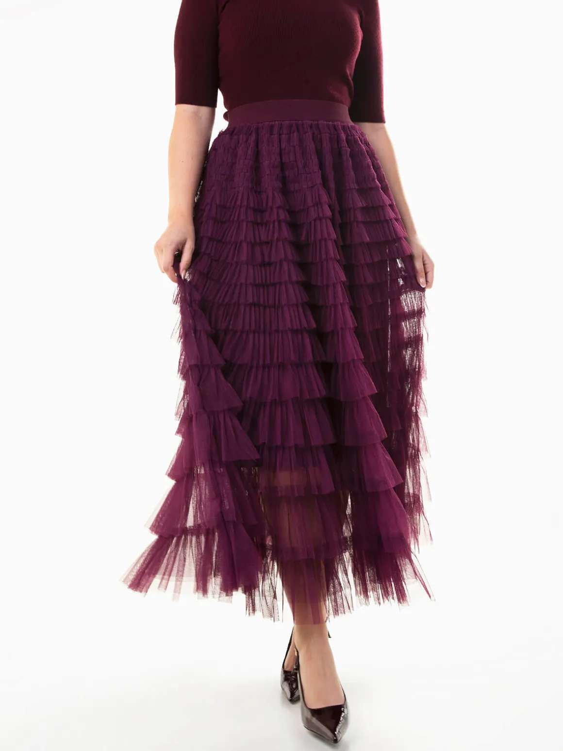 Saia tule comprida com folhos