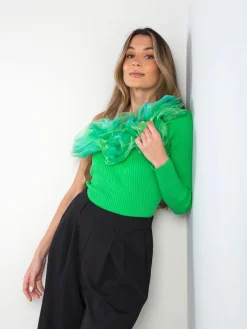 Top assimétrico malha canelada com tule