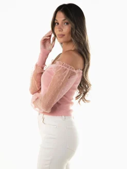 Top malha manga tule