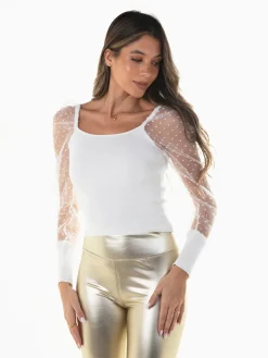 Top malha manga tule