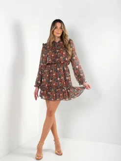 Vestido curto floral manga comprida